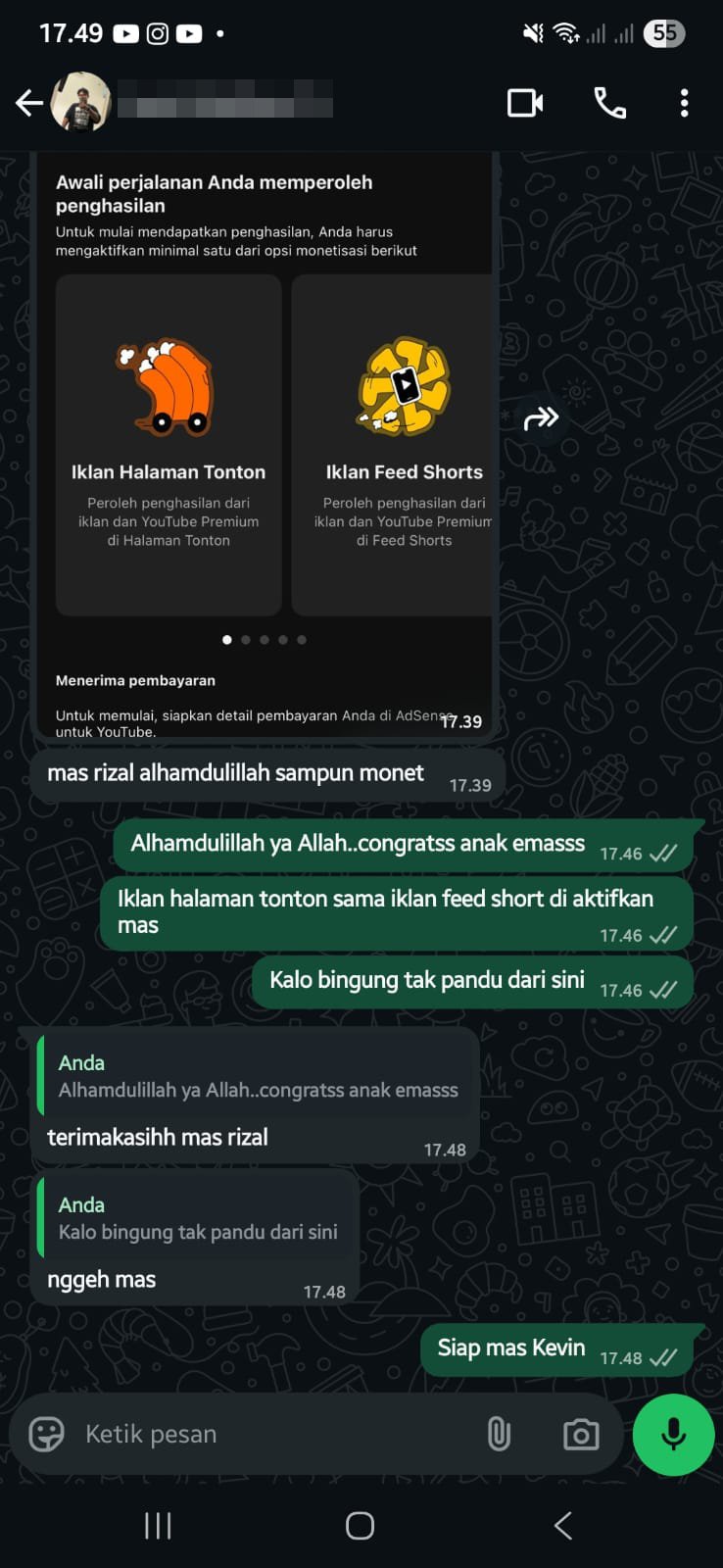 Screenshot dashboard YouTube menunjukkan penghasilan dari Adsense